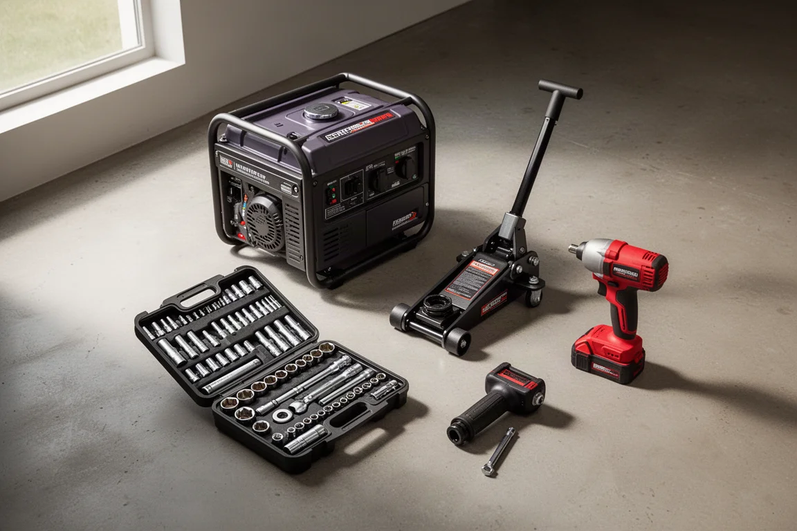 Rolling tool cart, floor jack, and portable generator arranged on a garage floor