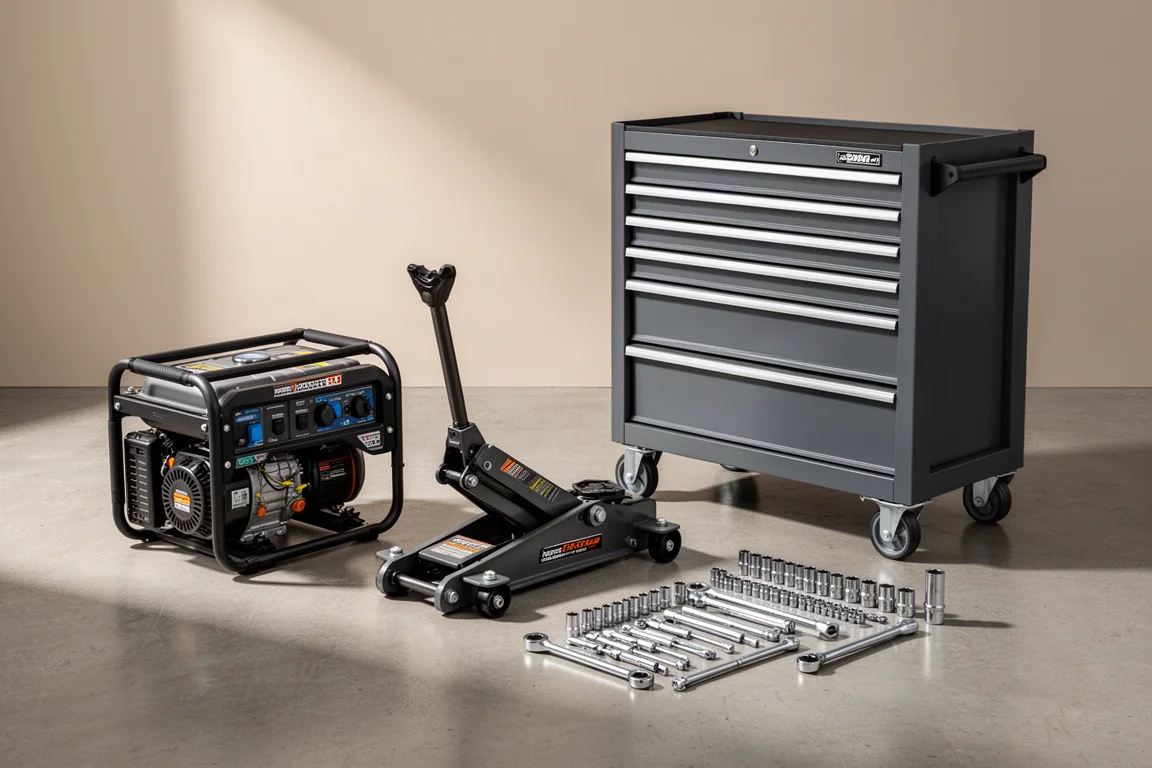 A winch, inverter generator, floor jack, and socket set arranged on a concrete garage floor