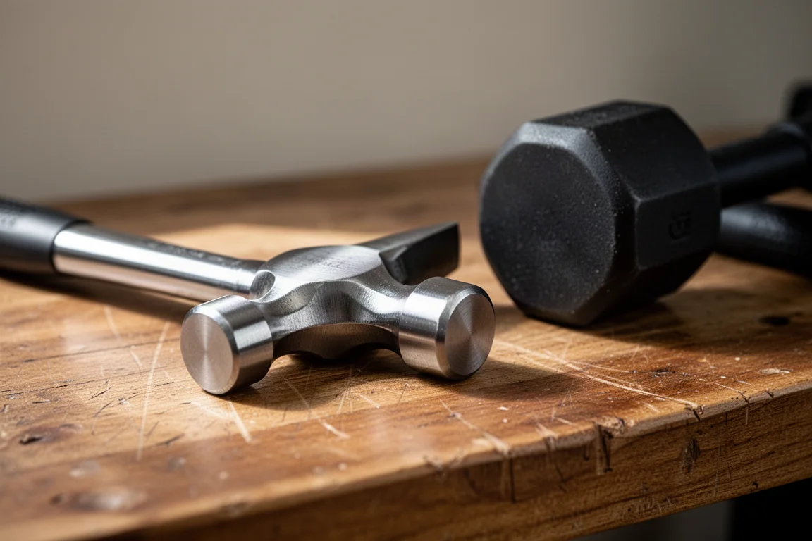 Steel ball peen hammer resting on a wooden workbench beside a rubber dead blow mallet