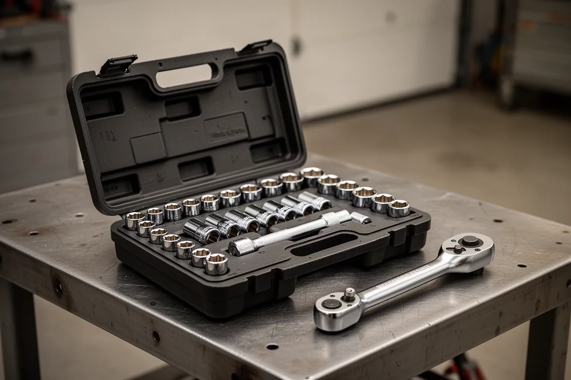 Chrome socket set spread out on a mechanic's workbench