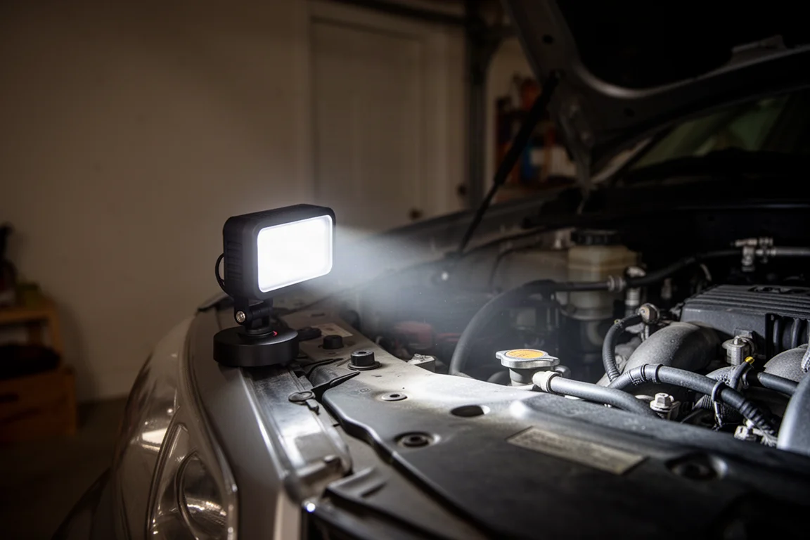 Rechargeable LED work light with magnetic base clamped to a car fender in a dim garage