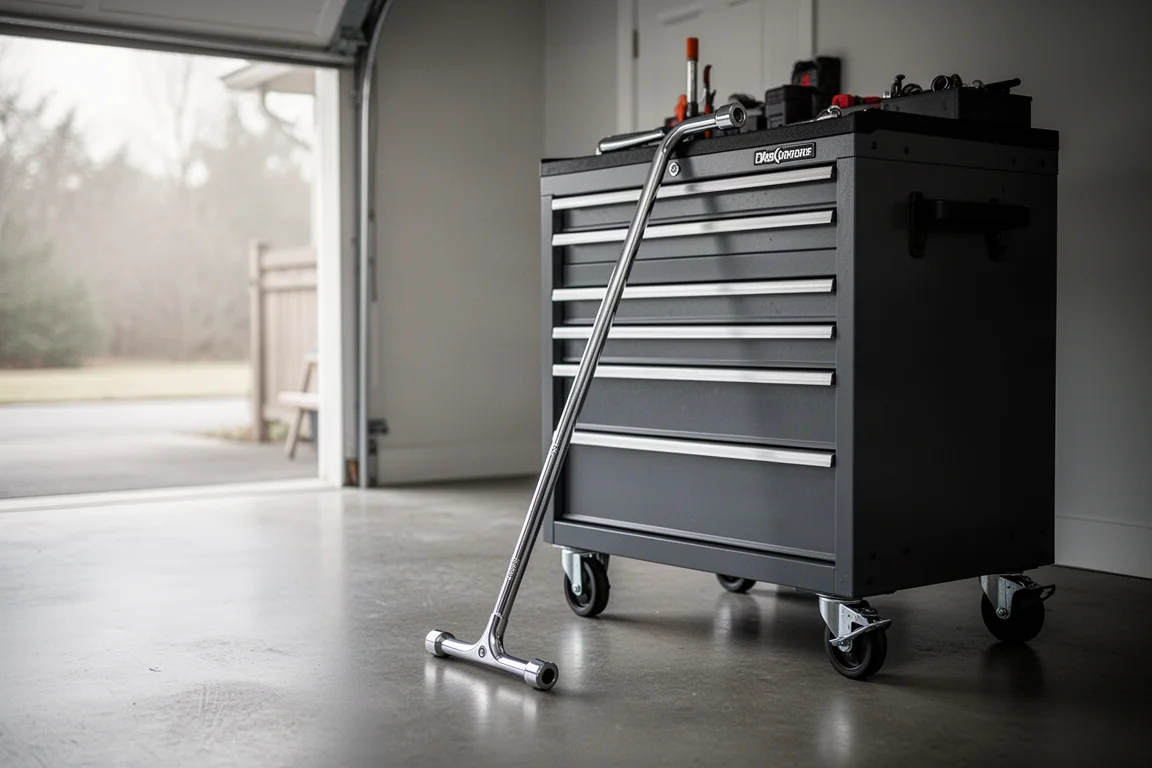 Long steel breaker bar leaning against a toolbox in a home garage