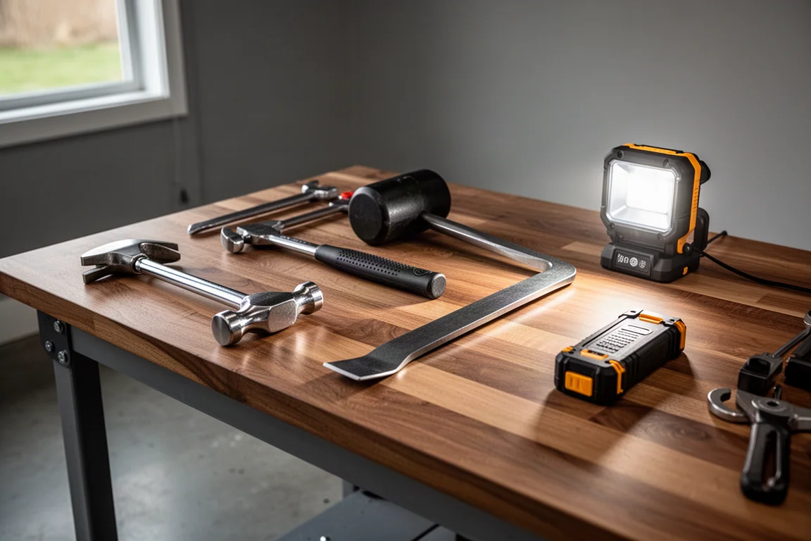 Assortment of hand tools laid out on a hardwood garage workbench
