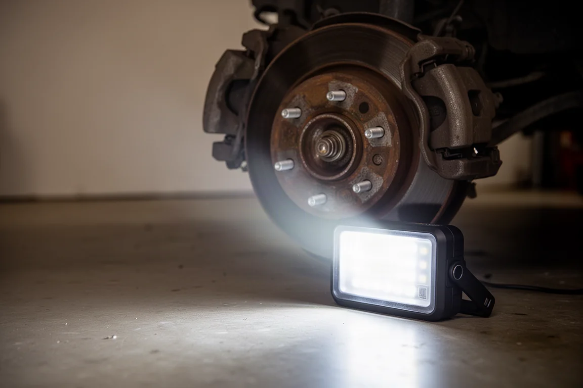 充電式 LED 工作燈在車庫施工時照亮輪轂