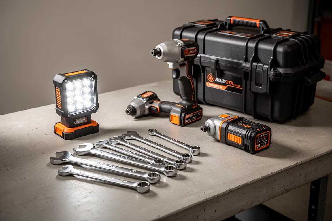 Wrenches, work light, impact wrench and protective case arranged on a garage workbench
