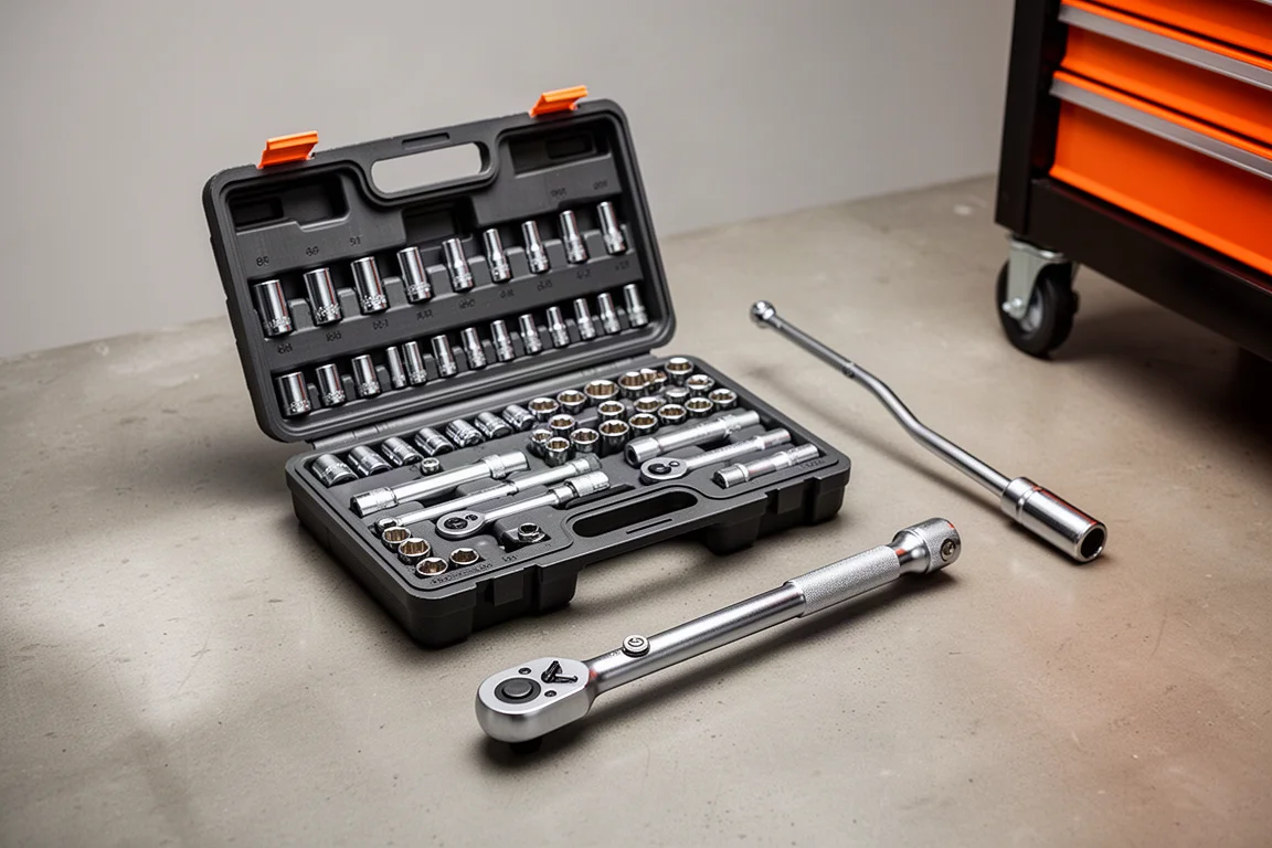 Socket set case, torque wrench and service cart arranged on a workshop surface