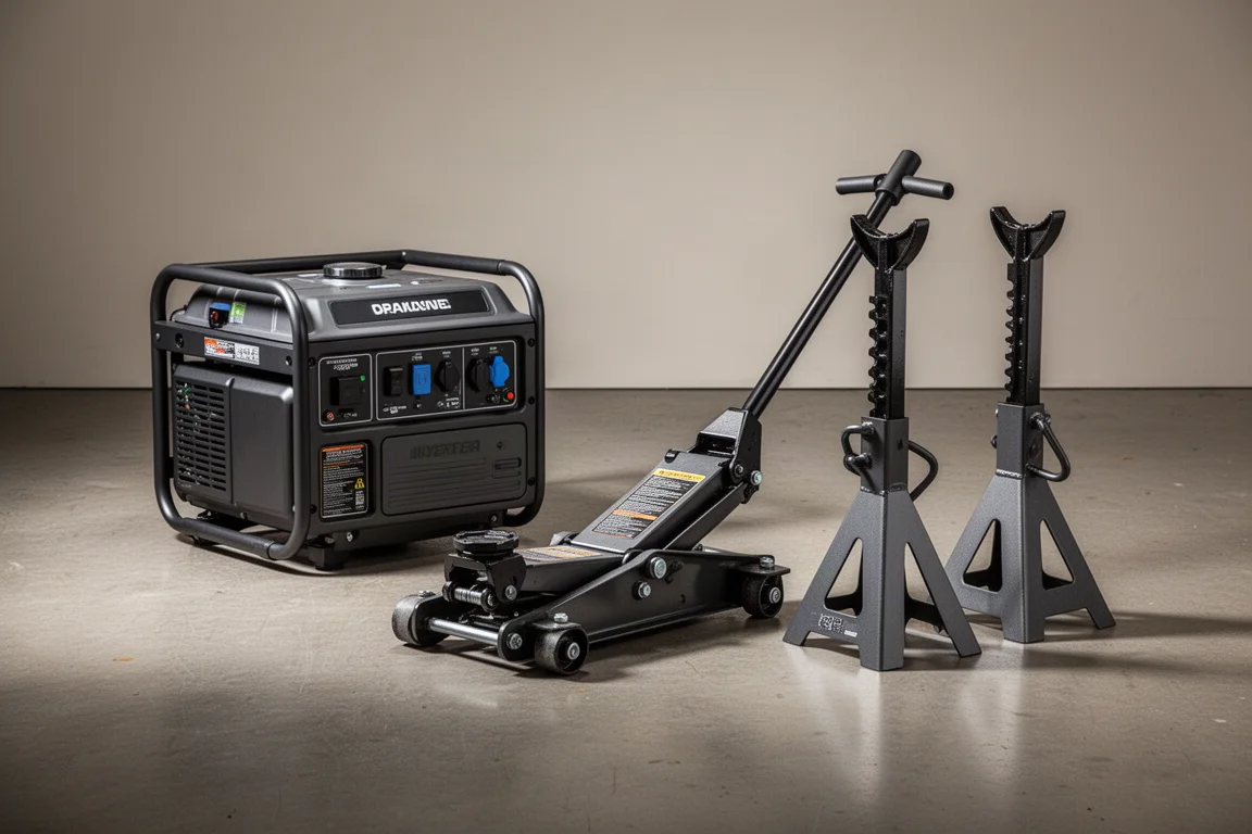 Inverter generator, floor jack and jack stands arranged on a concrete garage floor