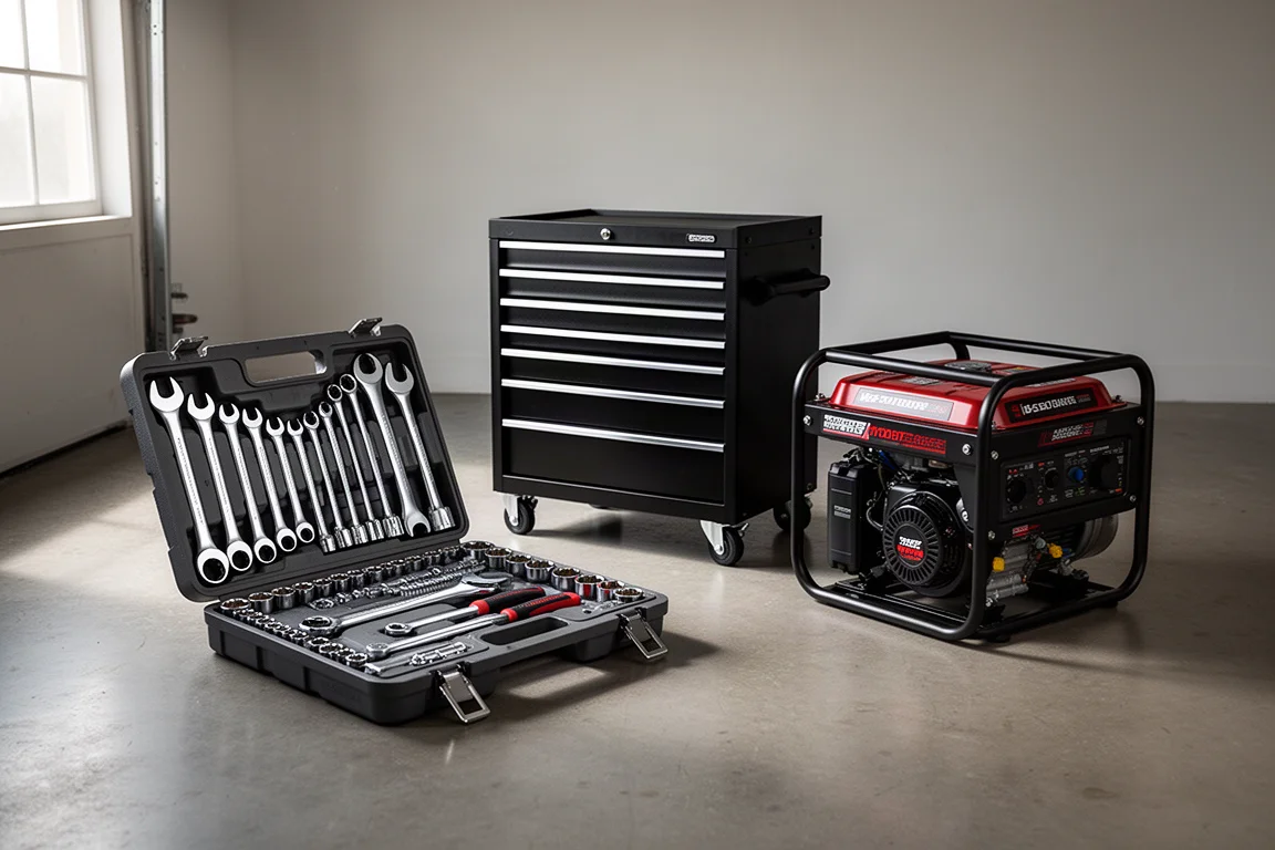 Wrench set, rolling tool cabinet, and portable generator arranged on a garage floor