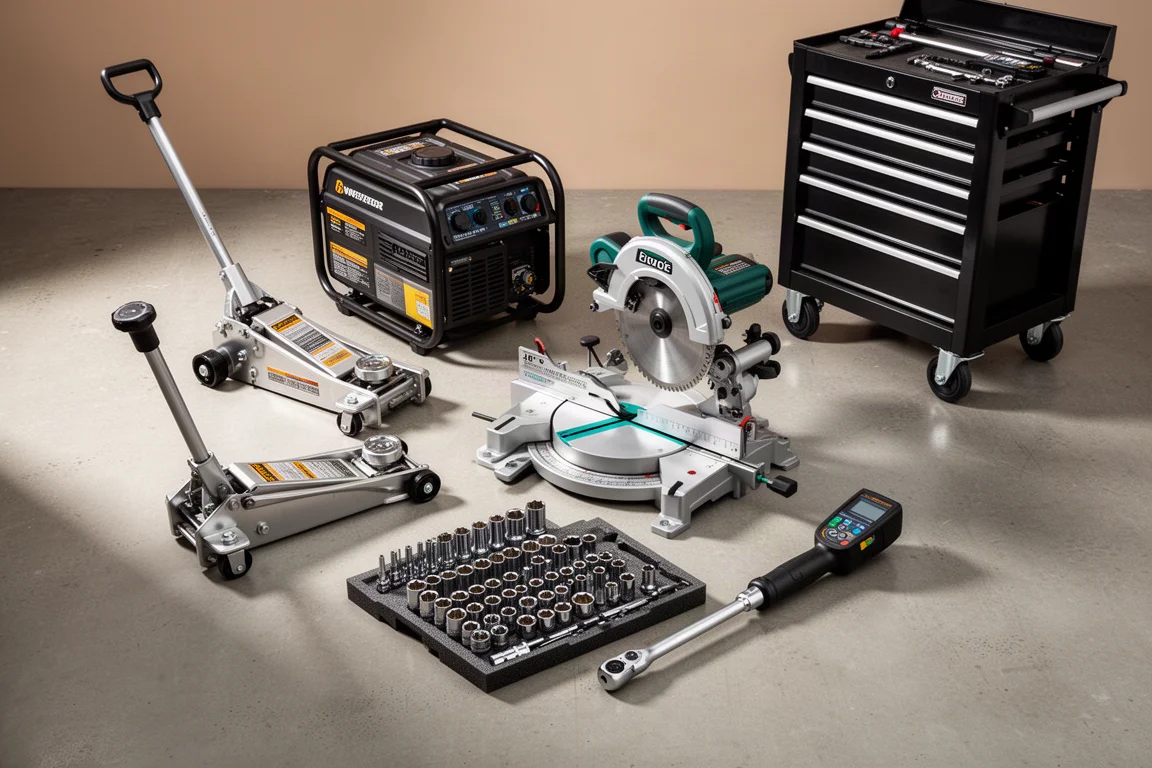 Workshop tools including a floor jack, generator, miter saw, sockets and torque wrench arranged on concrete