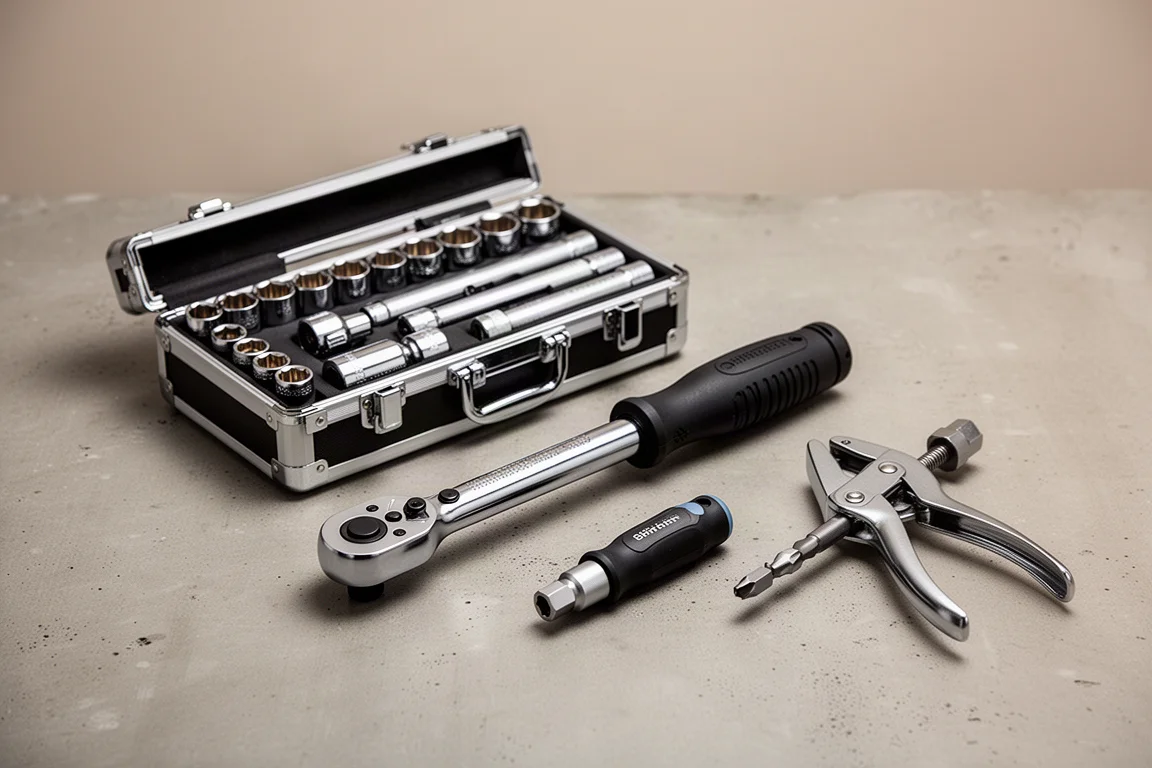 Workshop tools including a pancake compressor, impact wrench, torque wrench, and floor jack on concrete