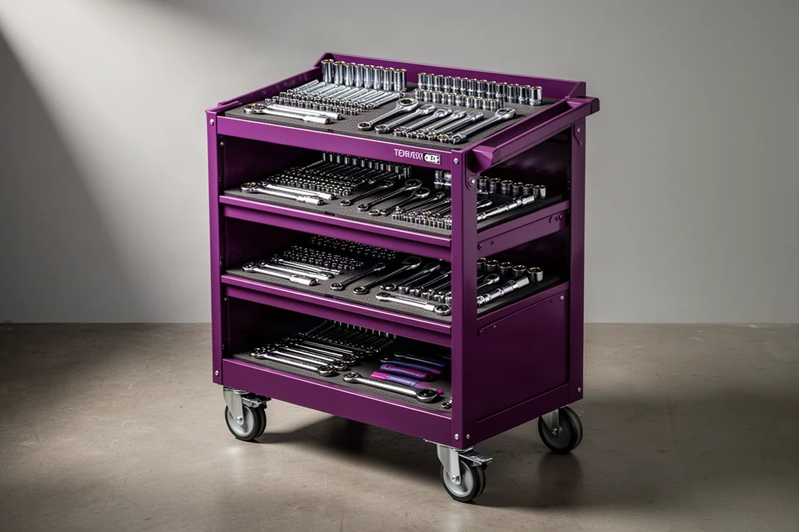 Purple full-bank service cart loaded with socket trays and ratchets in a workshop
