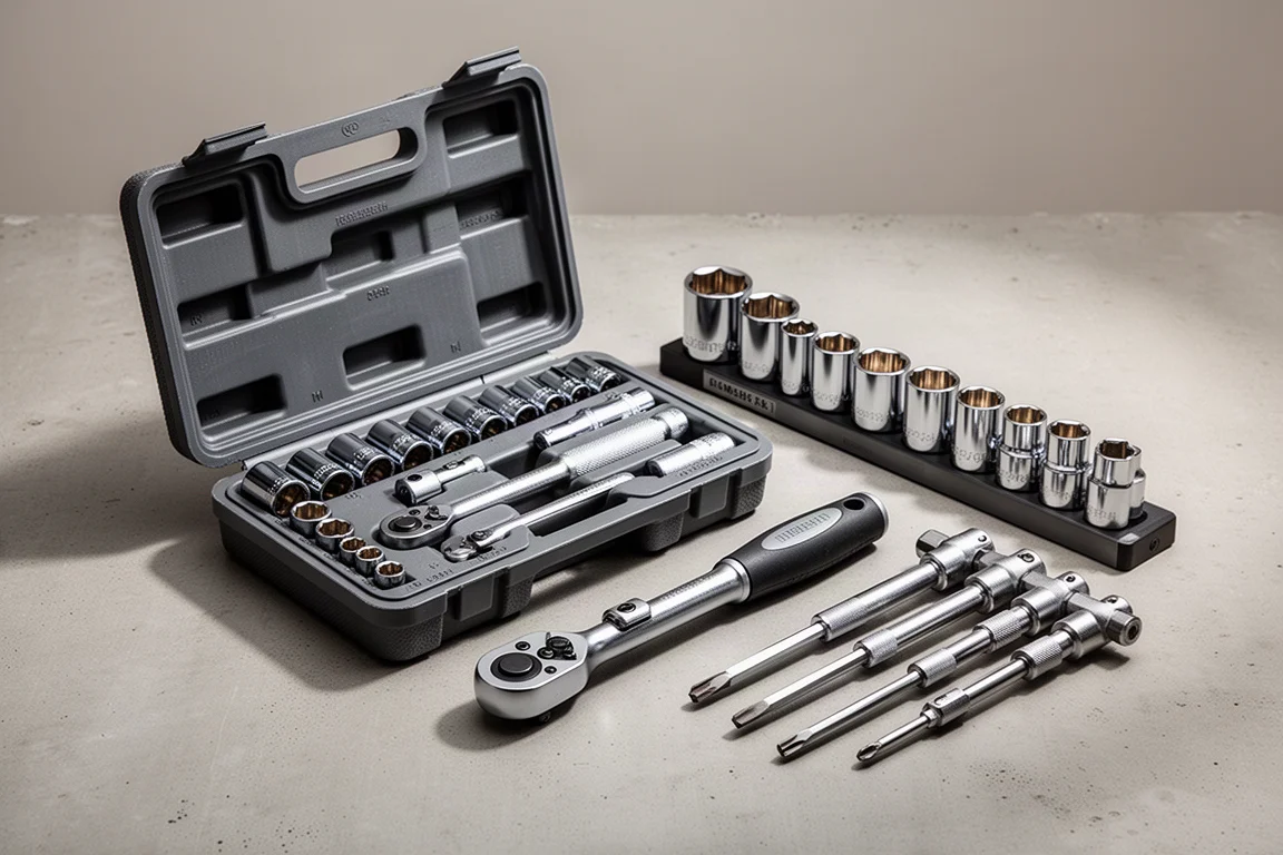 Socket cases, socket rail, and screwdriver set arranged on a concrete surface