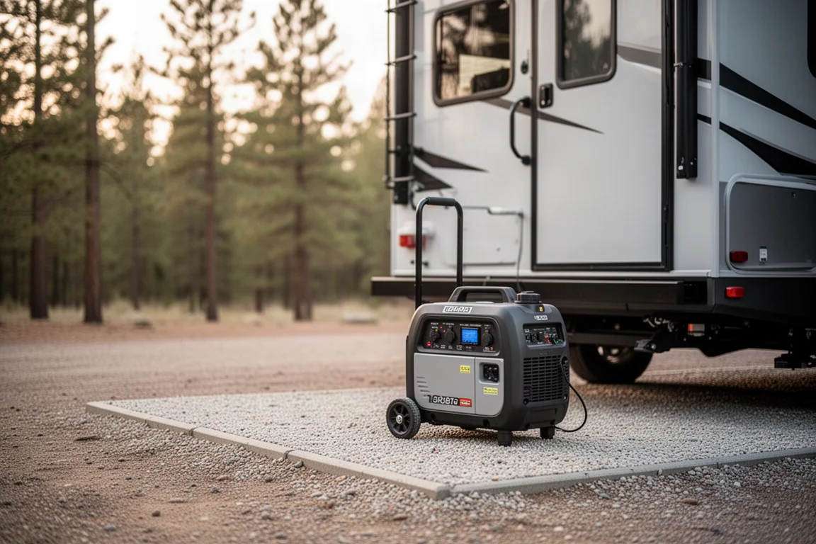 Generatore inverter portatile con ruote appoggiato accanto a un camper su un piazzola di campeggio in ghiaia