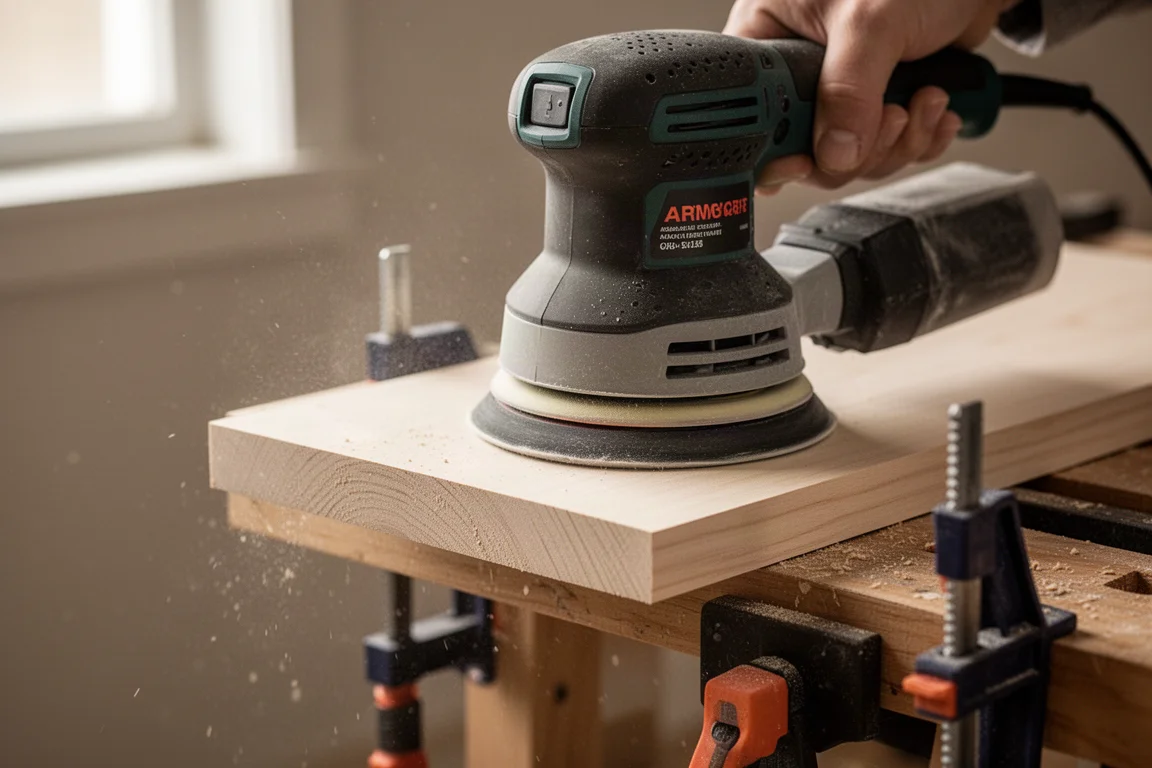 Levigatrice orbitale random che leviga una tavola di legno in un laboratorio domestico