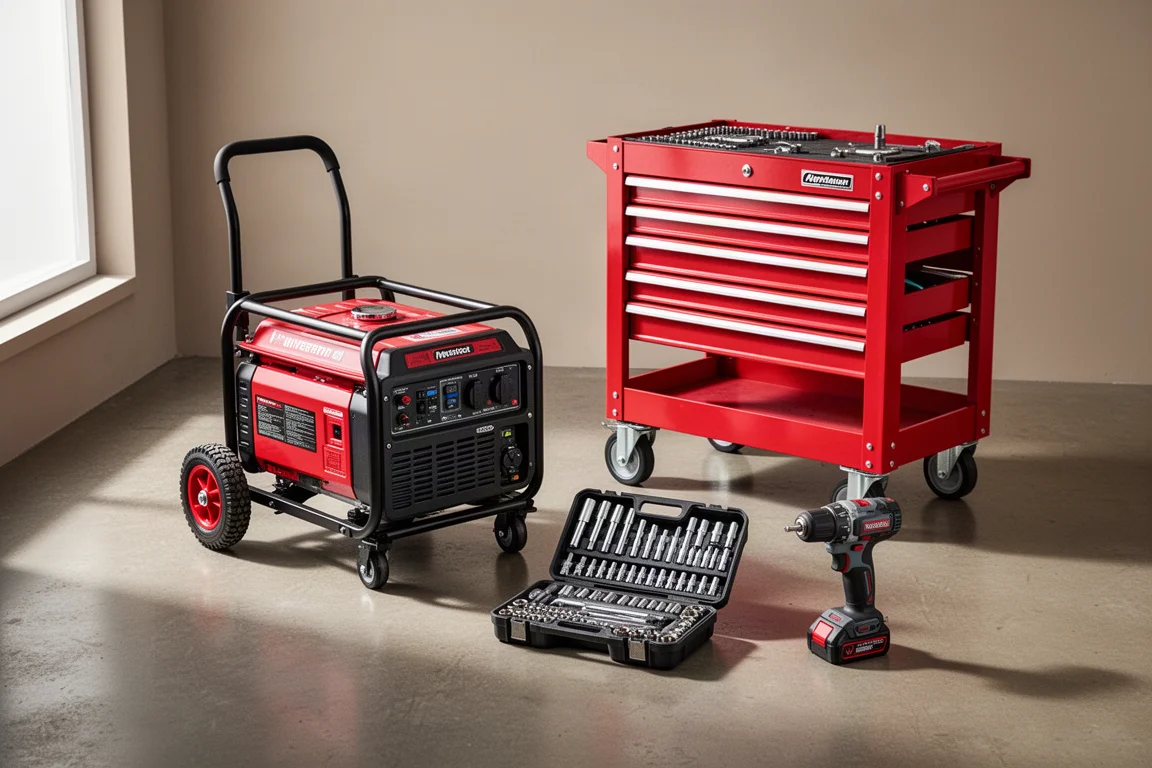 Inverter generator, rolling tool cart, socket set, and cordless tool arranged on a concrete floor