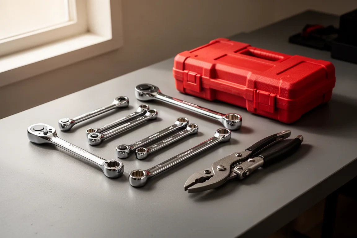 Garage workbench flat-lay with torque wrenches, socket set case, floor jack and rolling tool cart