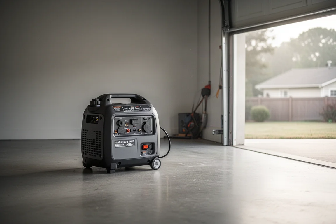 Generador inverter portátil funcionando sobre el piso de un garaje con luz suave