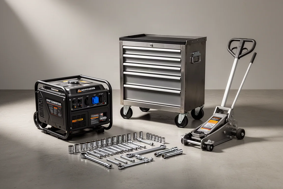 Generator, tool cabinet, floor jack, and socket sets arranged on concrete