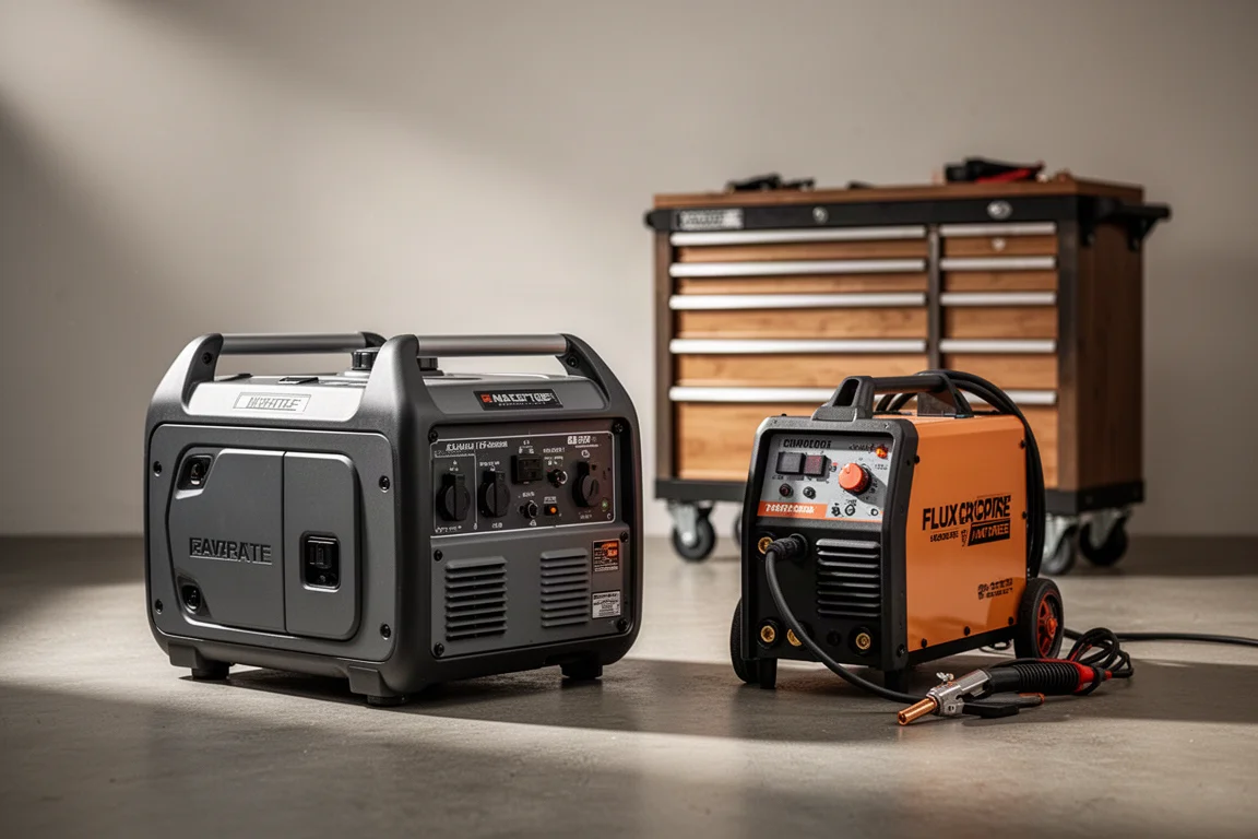 Portable generator, compact welder, and tool cabinet arranged on a concrete workshop floor
