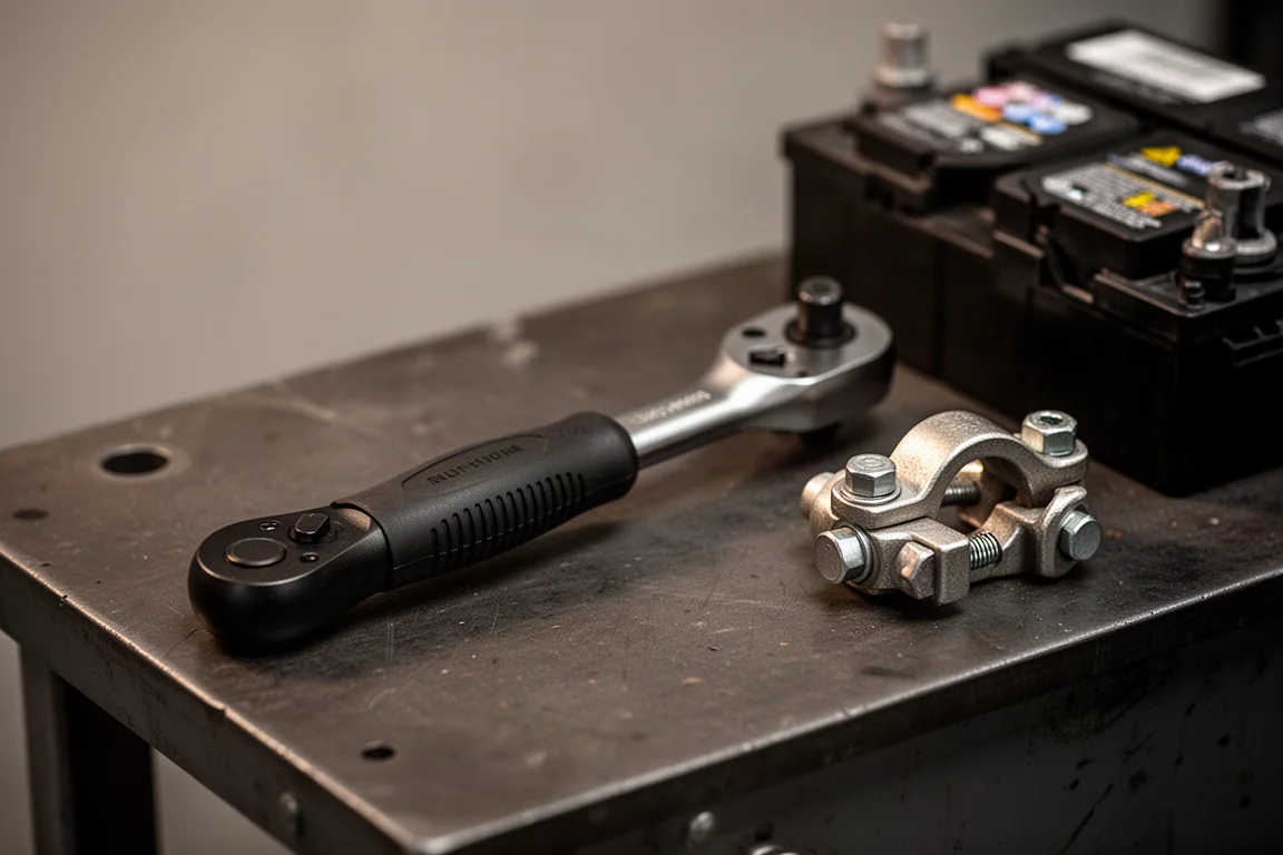 Ratsche mit Composite-Griff liegt neben einem Autobatterie-Pol auf einer Werkbank