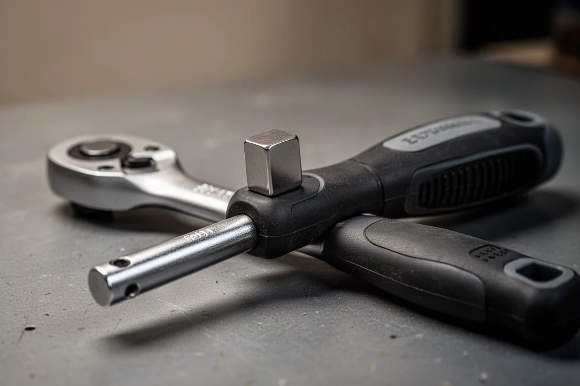 Magnet haftet am Griff einer Composite-Ratsche auf einer Werkbank