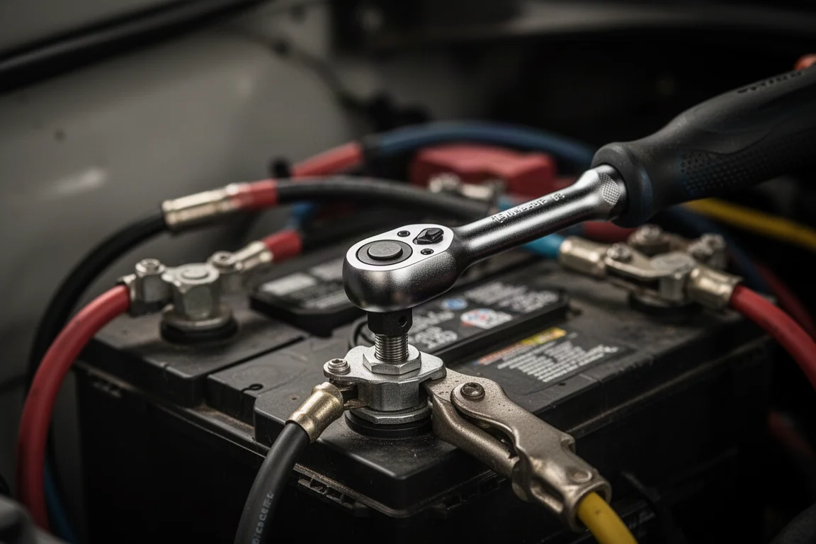 Ratsche arbeitet an einer Batteriepolmutter in einer dunklen Garage