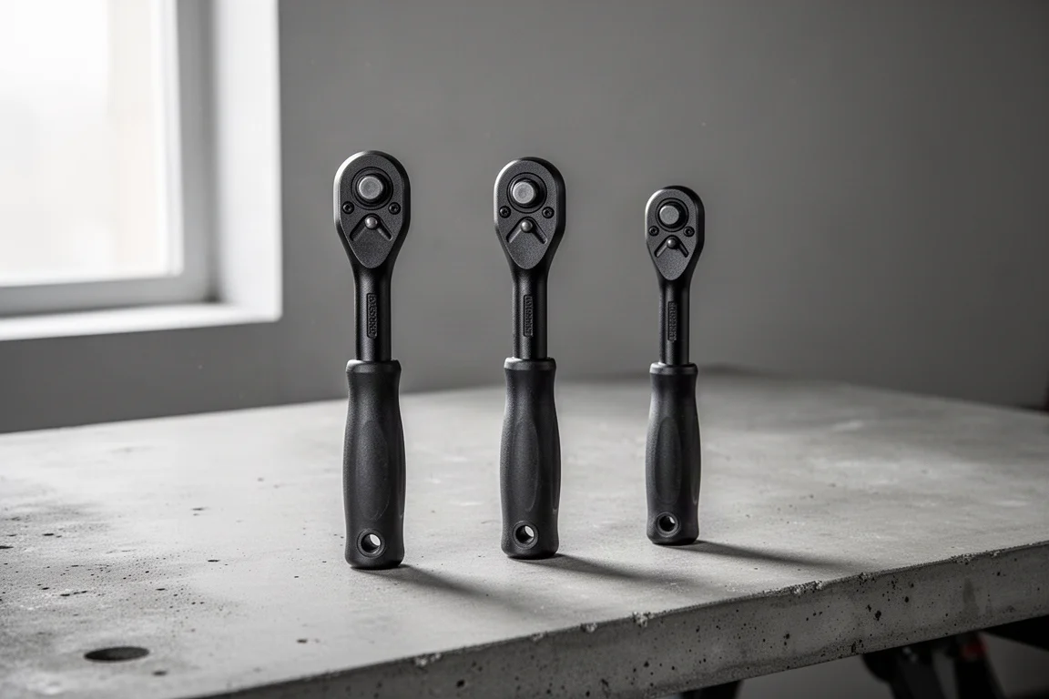 Three Pittsburgh composite ratchets in different sizes lined up on a workbench