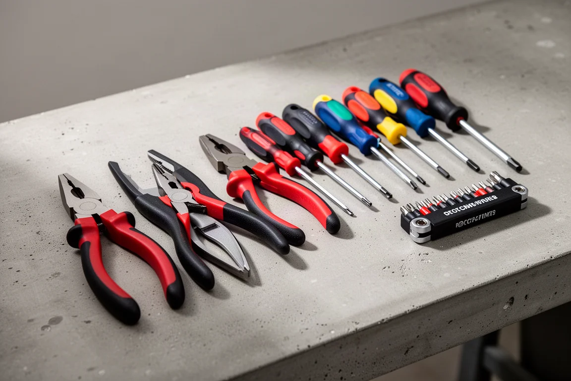 Assorted pliers and screwdrivers arranged on a concrete workbench