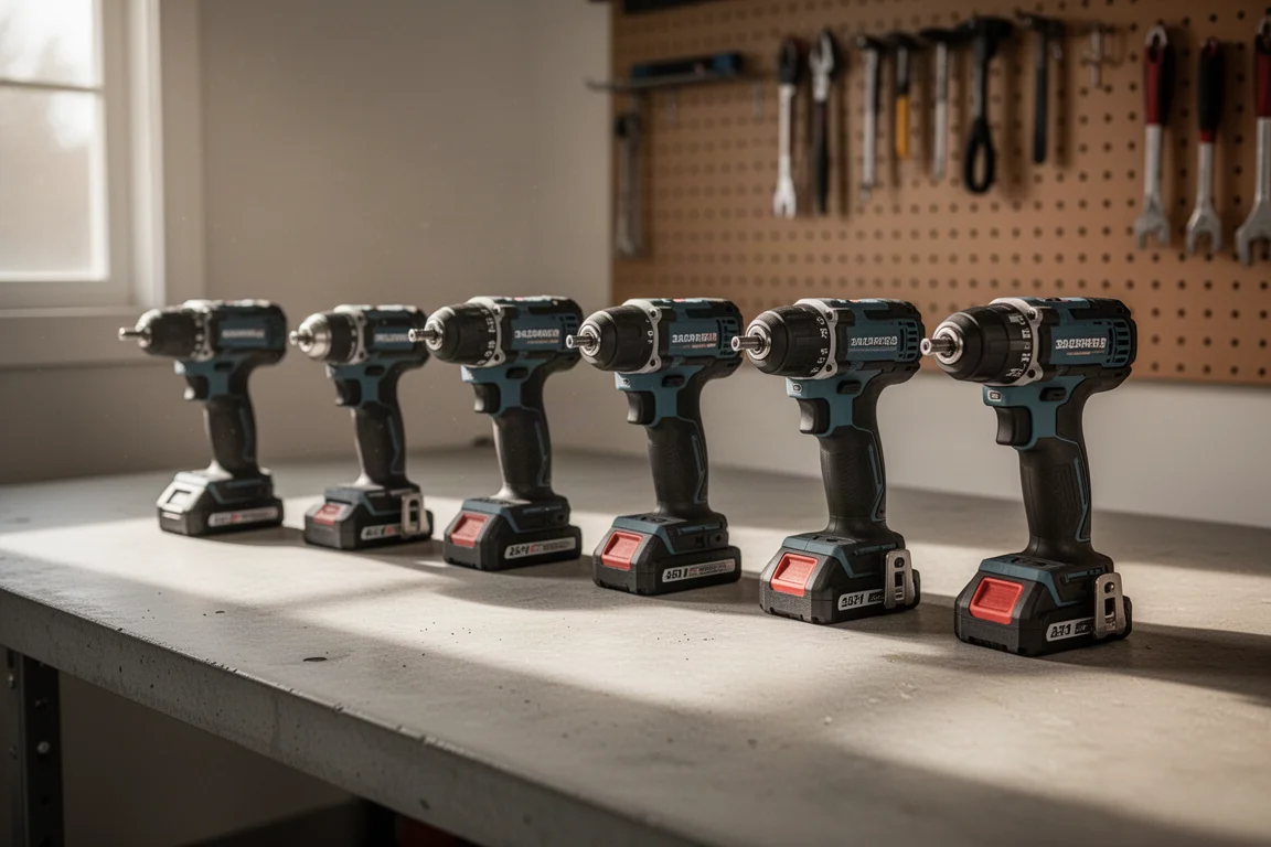 Établi avec divers outils électriques sans fil disposés dans un atelier de garage domestique