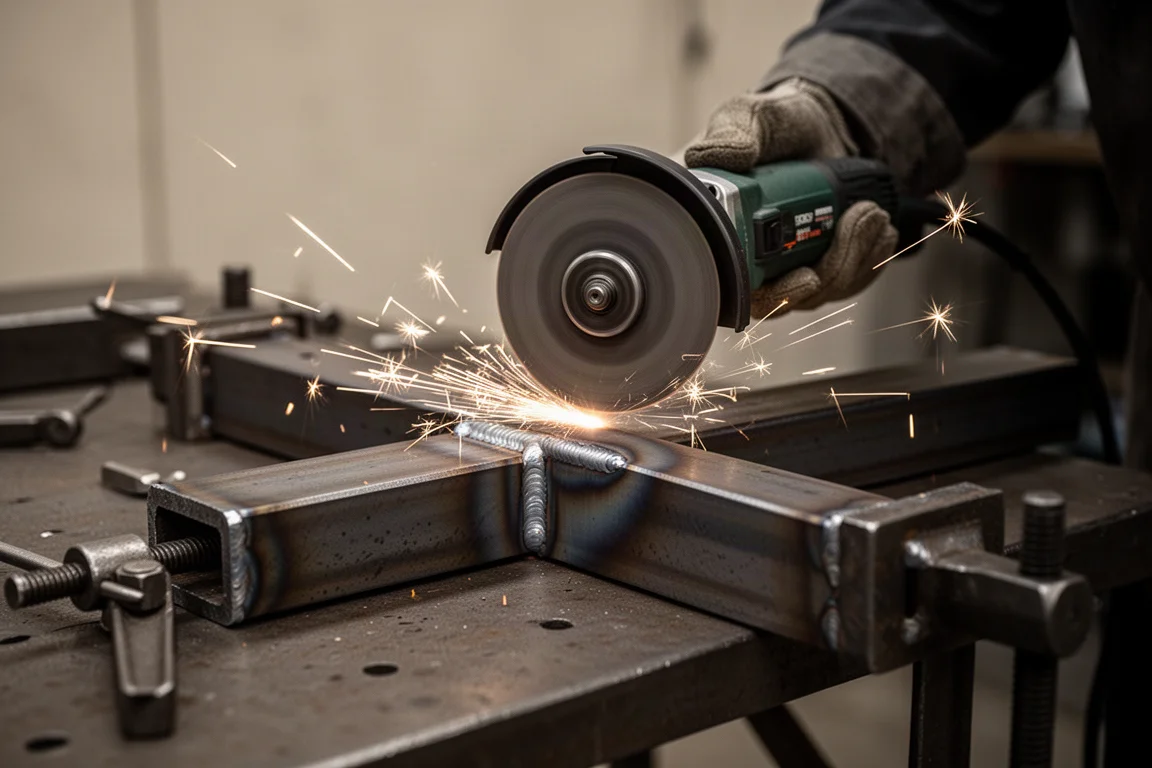 Soudeur utilisant une petite meuleuse d'angle pour des retouches légères sur un projet métallique