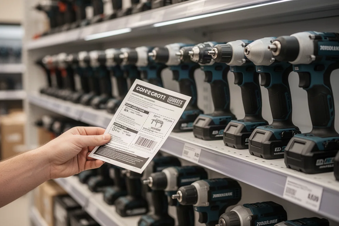 Client comparant les prix d'outils électriques sur un rayon d'un magasin d'outillage