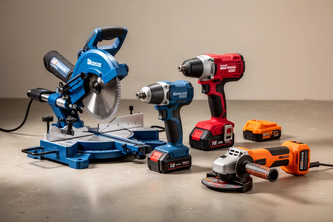 Assortment of Harbor Freight power tools including a miter saw, impact driver, impact wrench, and angle grinder on concrete