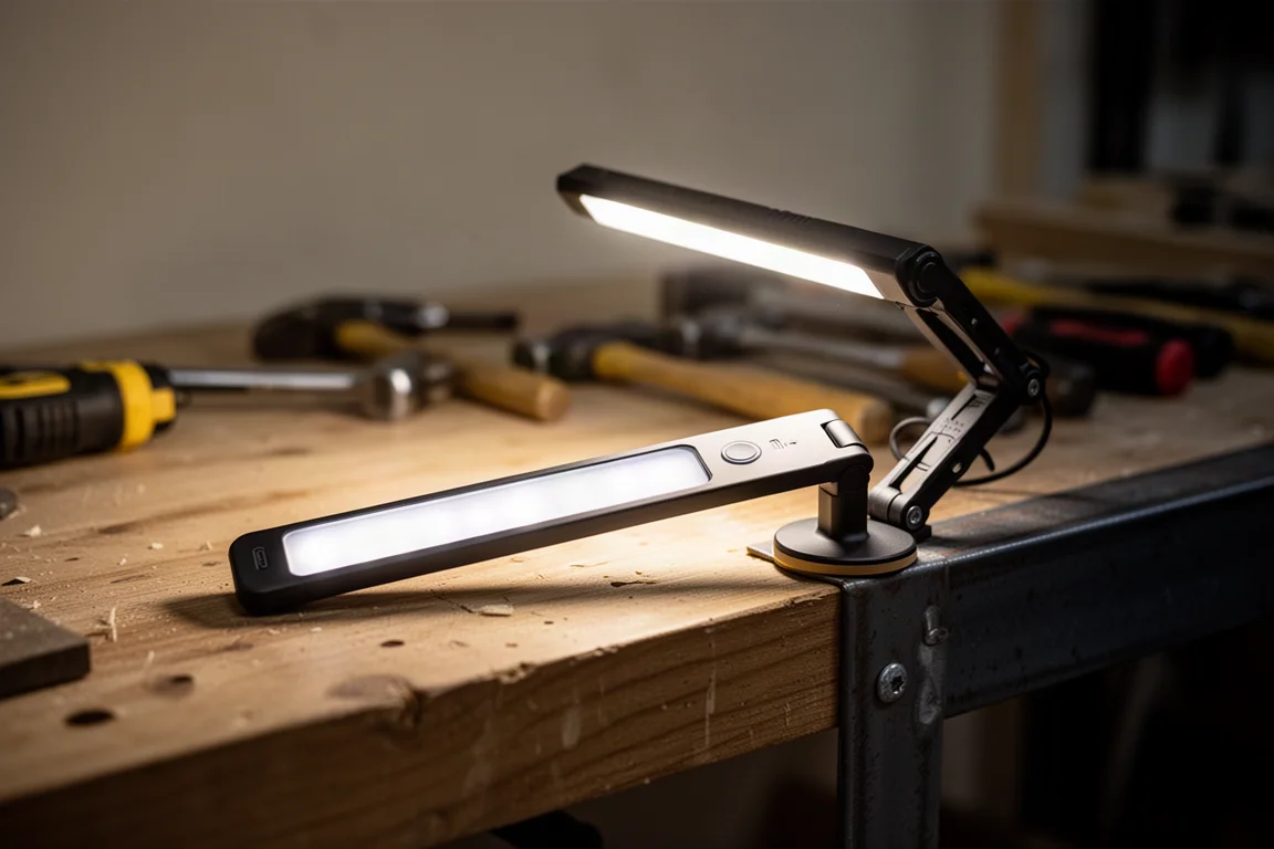LED-Schmale Arbeitsleuchte, gefaltet auf einer Werkbank, wirft helles Arbeitslicht