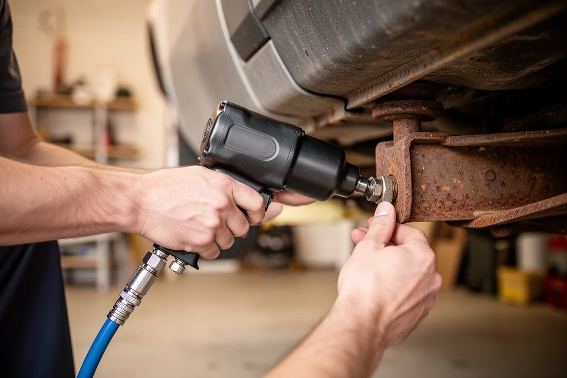 Compact air impact wrench in use on a bolt under a vehicle