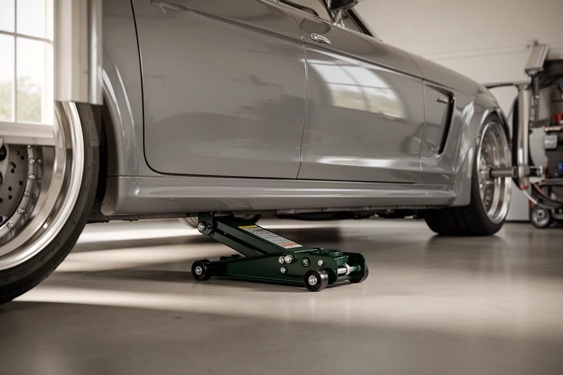 Low-profile floor jack sliding under a lowered car