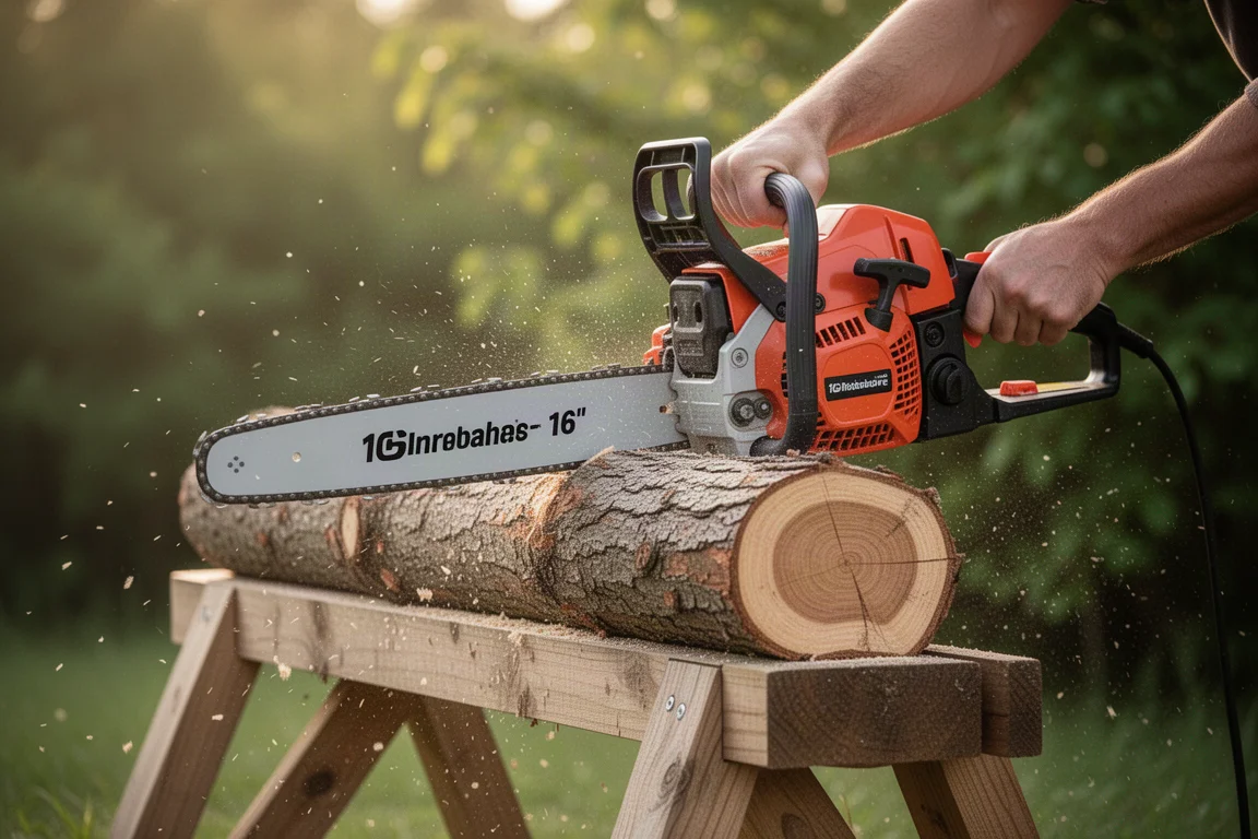 Corded electric chainsaw cutting firewood on a saw buck