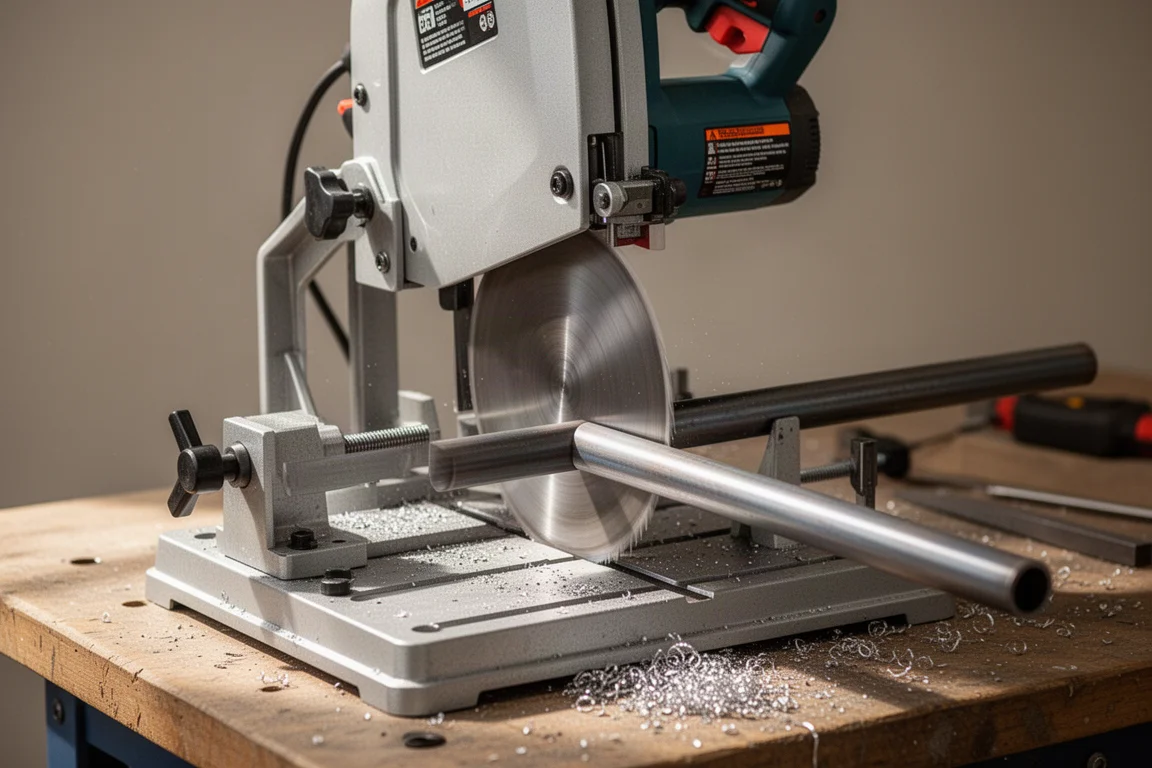 Portable band saw mounted in a benchtop stand cutting metal