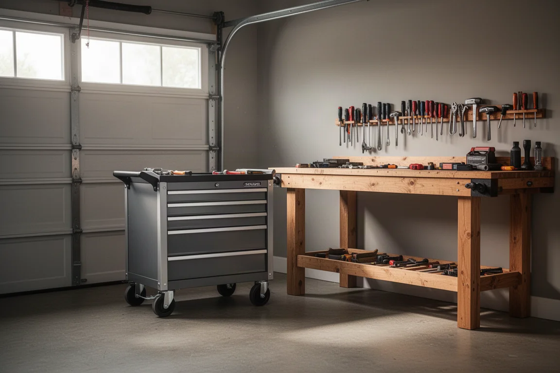 Carrello officina in acciaio con ruote parcheggiato accanto a un banco di lavoro in un garage domestico ordinato
