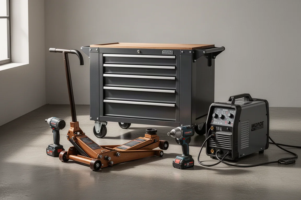 Workshop scene with service cart, floor jack, impact wrench, and welder on concrete floor