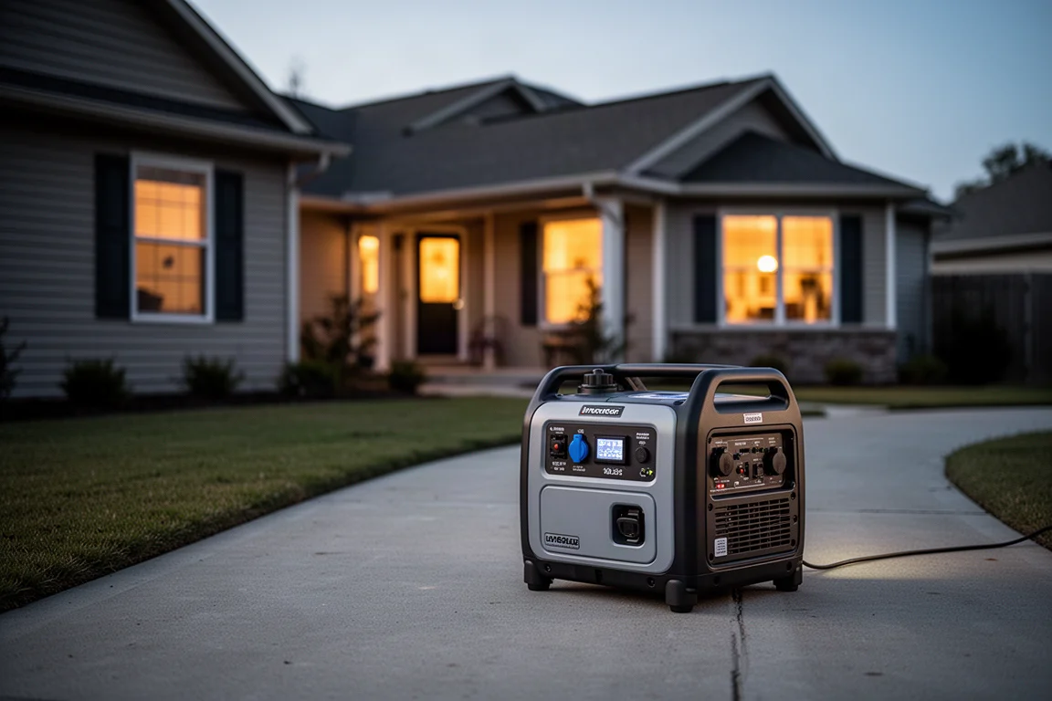 Generador inverter portátil junto a una casa durante un apagón nocturno