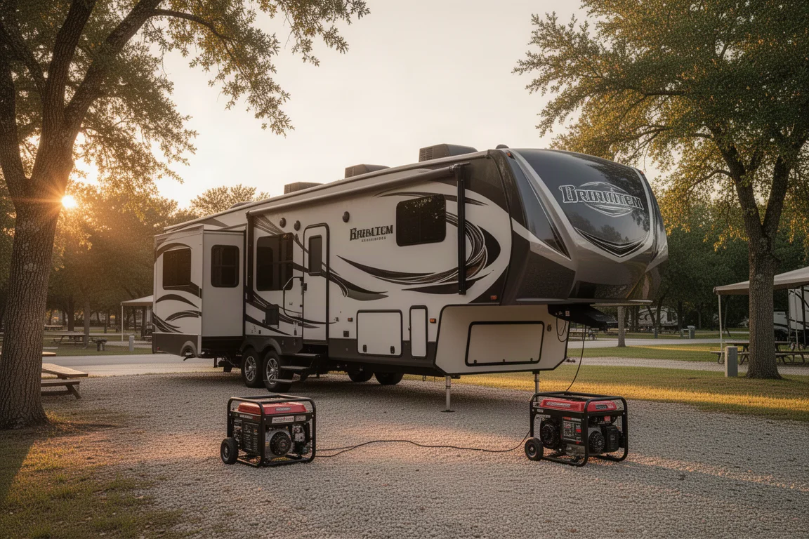 Autocaravana estacionada en un campamento tranquilo a la hora dorada con un generador cerca