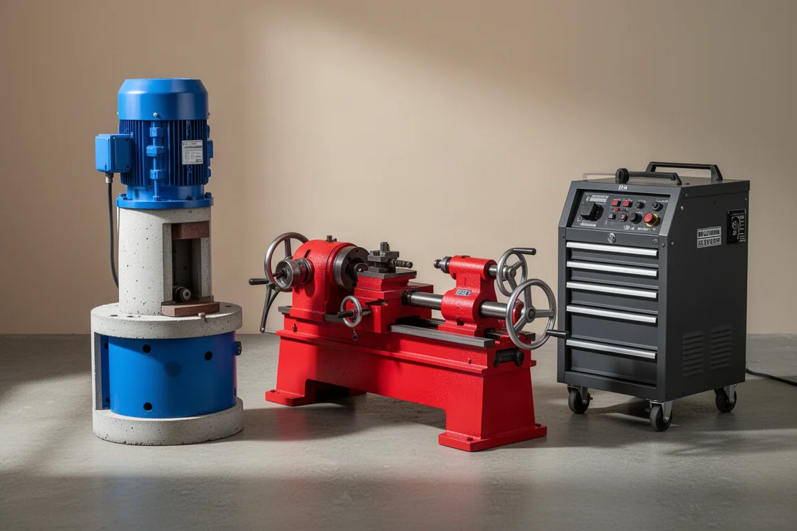 Heavy-duty power tools and a welding cabinet arranged on a concrete workshop floor