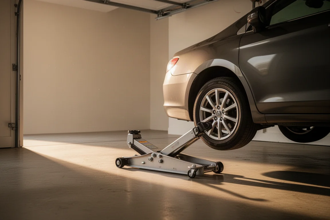 Flacher Rangierwagenheber hebt eine Ecke eines Autos in einer Heimwerkstatt an
