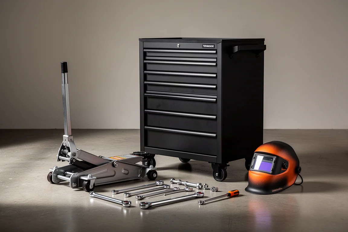 Tool cabinet, floor jack, and assorted workshop tools arranged on a concrete garage floor