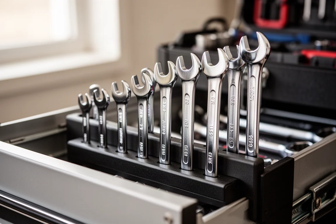 Nahaufnahme von chromierten Ringschraubenschlüsseln in einem magnetischen Organizer
