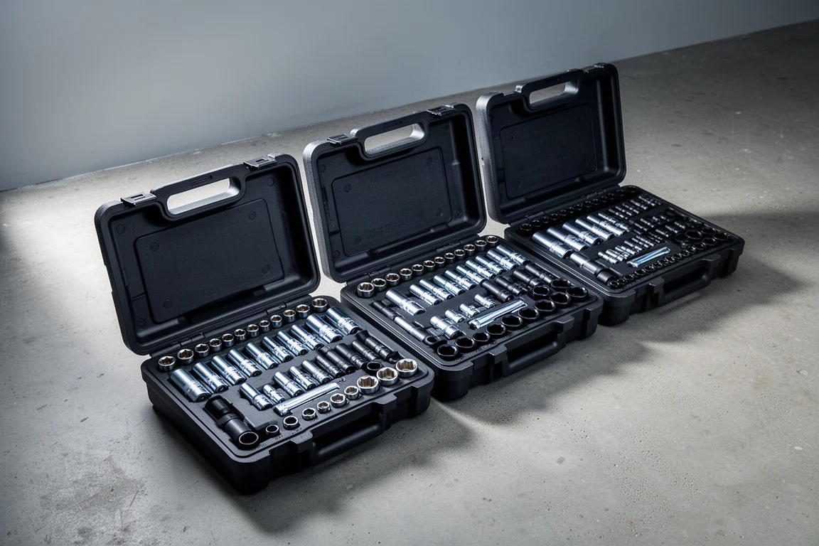 Open tool cases with organized socket trays on a workshop floor