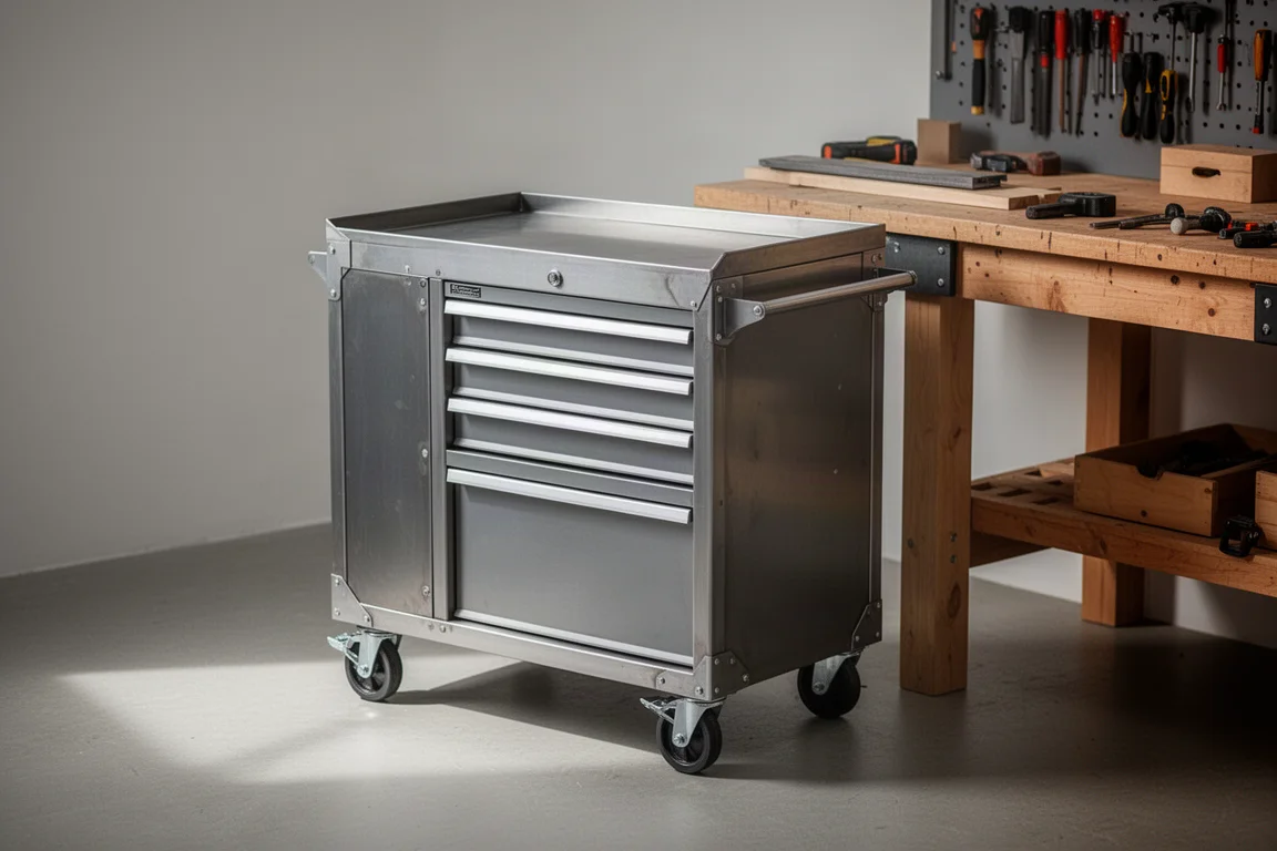 Compacte rijdende gereedschapswagen met een groot werkblad in een lichte werkplaats