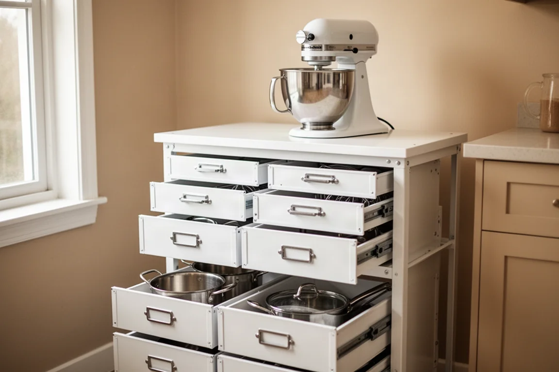 Stalen kast met negen laden, gebruikt als bijzettafel in een keuken