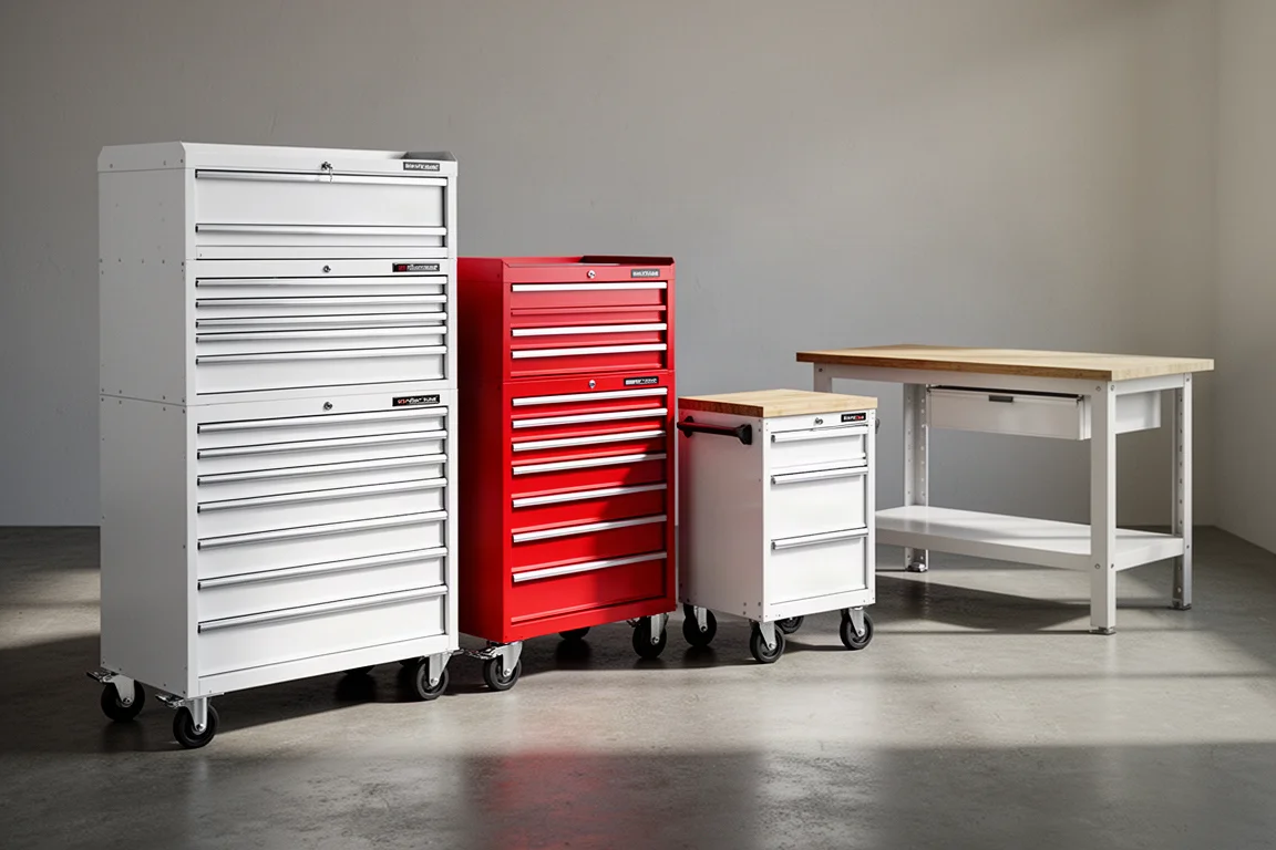 Lineup of steel tool roll cabinets and a workbench on a concrete workshop floor