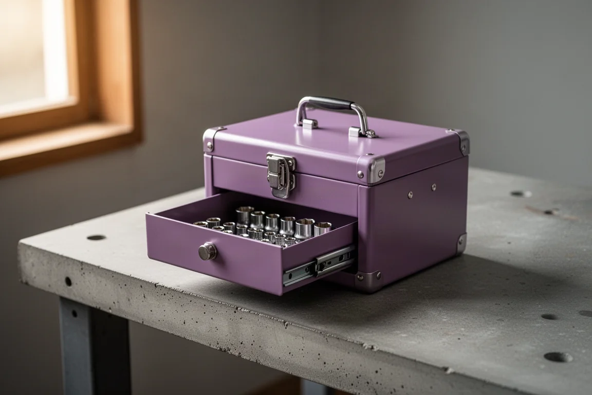 Una piccola mini cassetta attrezzi viola su un banco di lavoro con il cassetto poco profondo parzialmente aperto